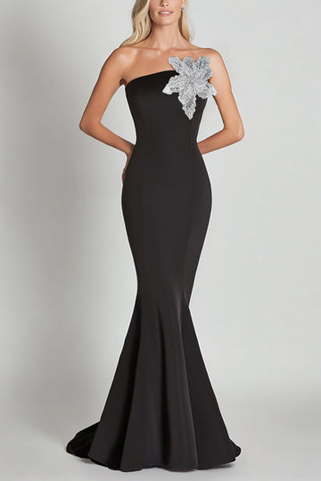 Sirène noire à une épaule avec fleur de paillettes Robe longue formelle